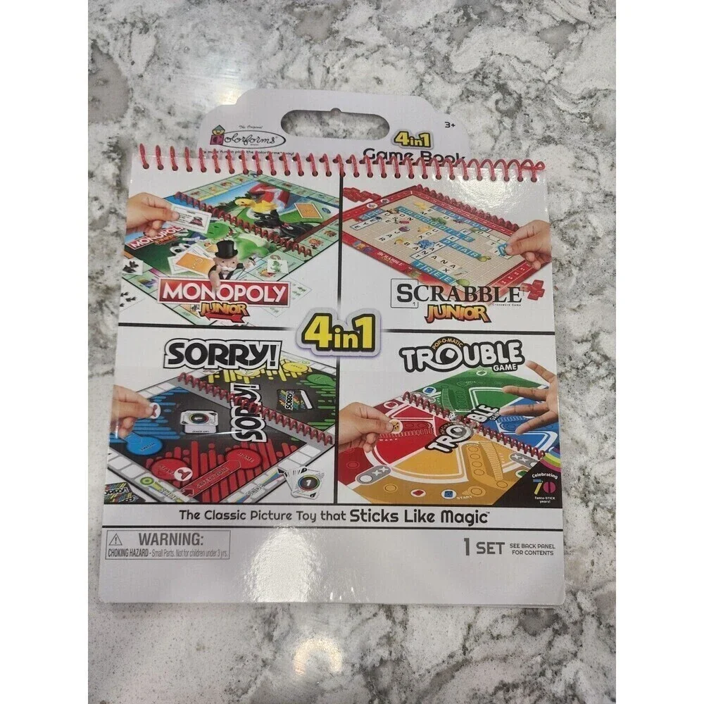 Colorforms 4in1 Game Book (Monopoly, Sorry, Trouble, Scrabble) NEW